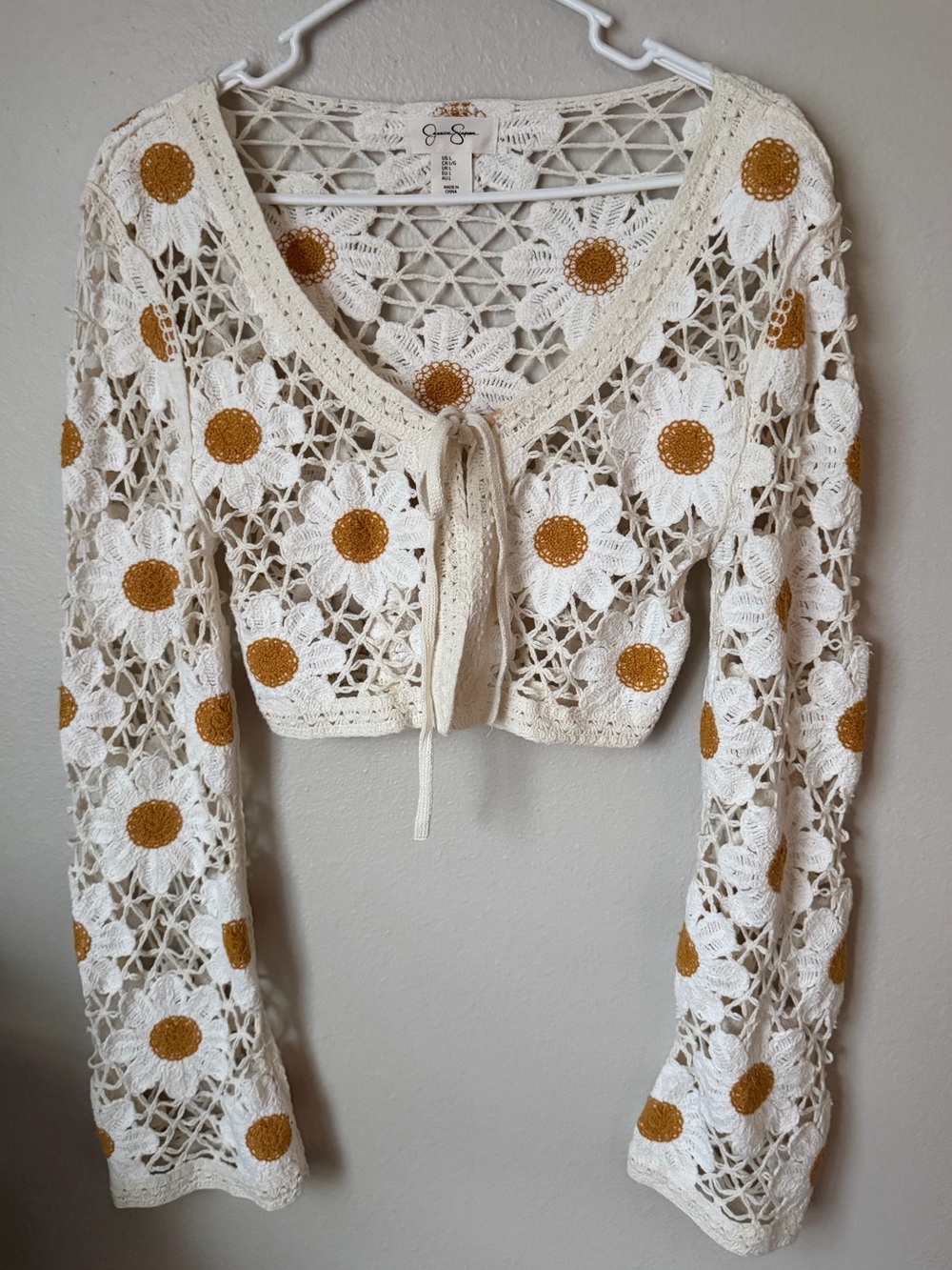 Jessica Simpson Cream Crochet Daisy Tie-Front Crop Top Large Bohemian Hippie